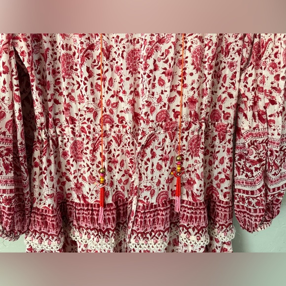 Alicia Bell Floral Beaded Tassel Tie VNeck Ruffle Ari Mini Dress Red Pink EUC - Picture 4 of 16